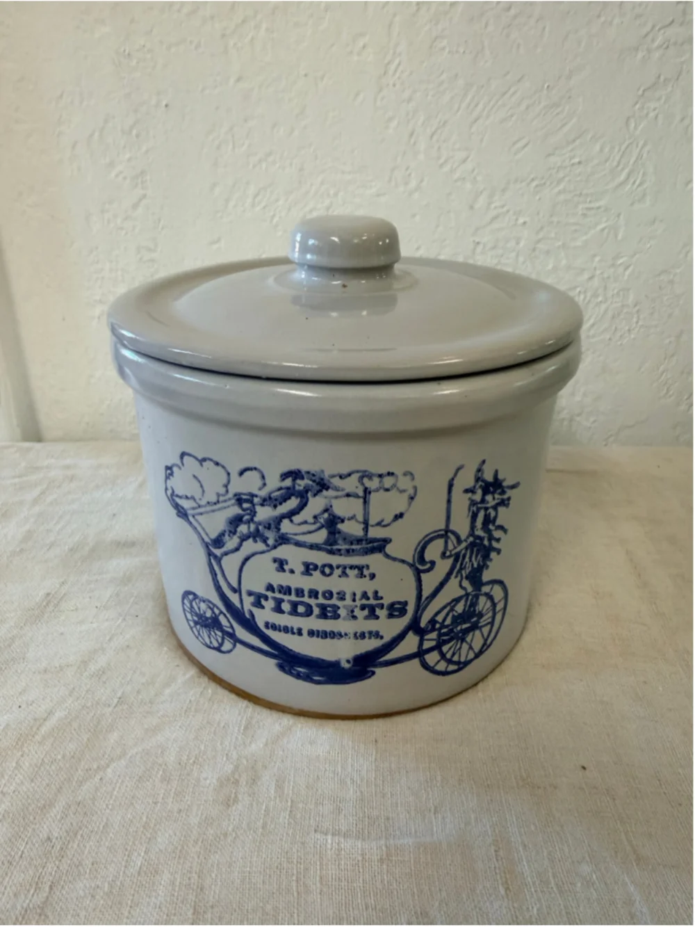 Antique T Pott Ambrosial Tidbits Stoneware Crock Lid Blue Advertising